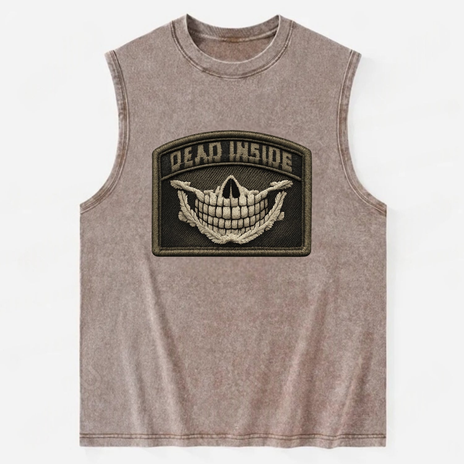 DEAD INSIDE SMILE - skeleton smile in white , dark humor - Vintage Washed Tank - Brown