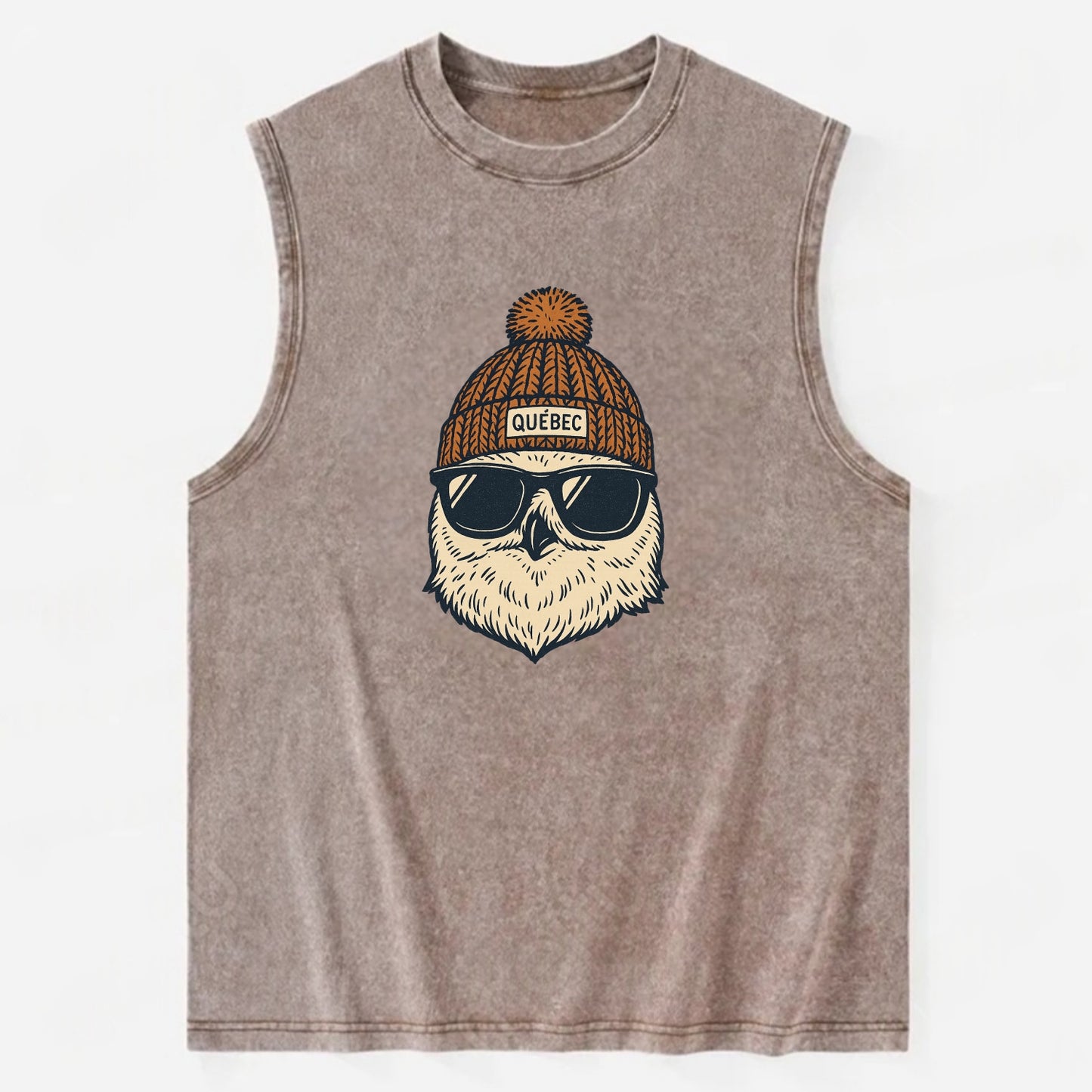 Quebec City Snowy Owl wearing Quebec beanie with pom pom and wayfarer - Vintage Washed Tank - Brown