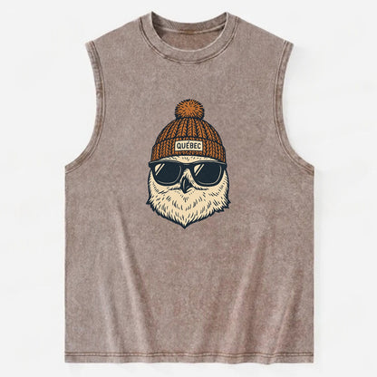 Quebec City Snowy Owl wearing Quebec beanie with pom pom and wayfarer - Vintage Washed Tank - Brown