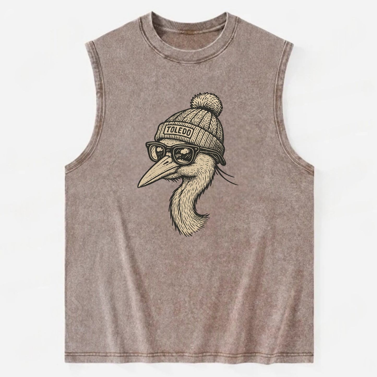 Toledo Great Blue Heron wearing Toledo beanie with pom pom and wayfarer - Vintage Washed Tank - Brown