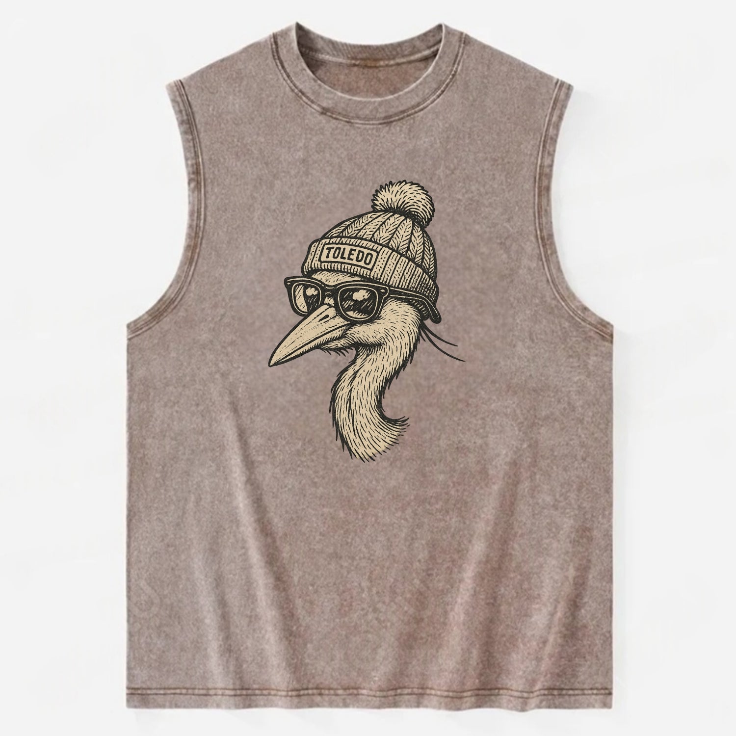 Toledo Great Blue Heron wearing Toledo beanie with pom pom and wayfarer - Vintage Washed Tank - Brown
