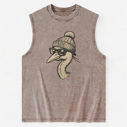 Toledo Great Blue Heron wearing Toledo beanie with pom pom and wayfarer - Vintage Washed Tank - Brown