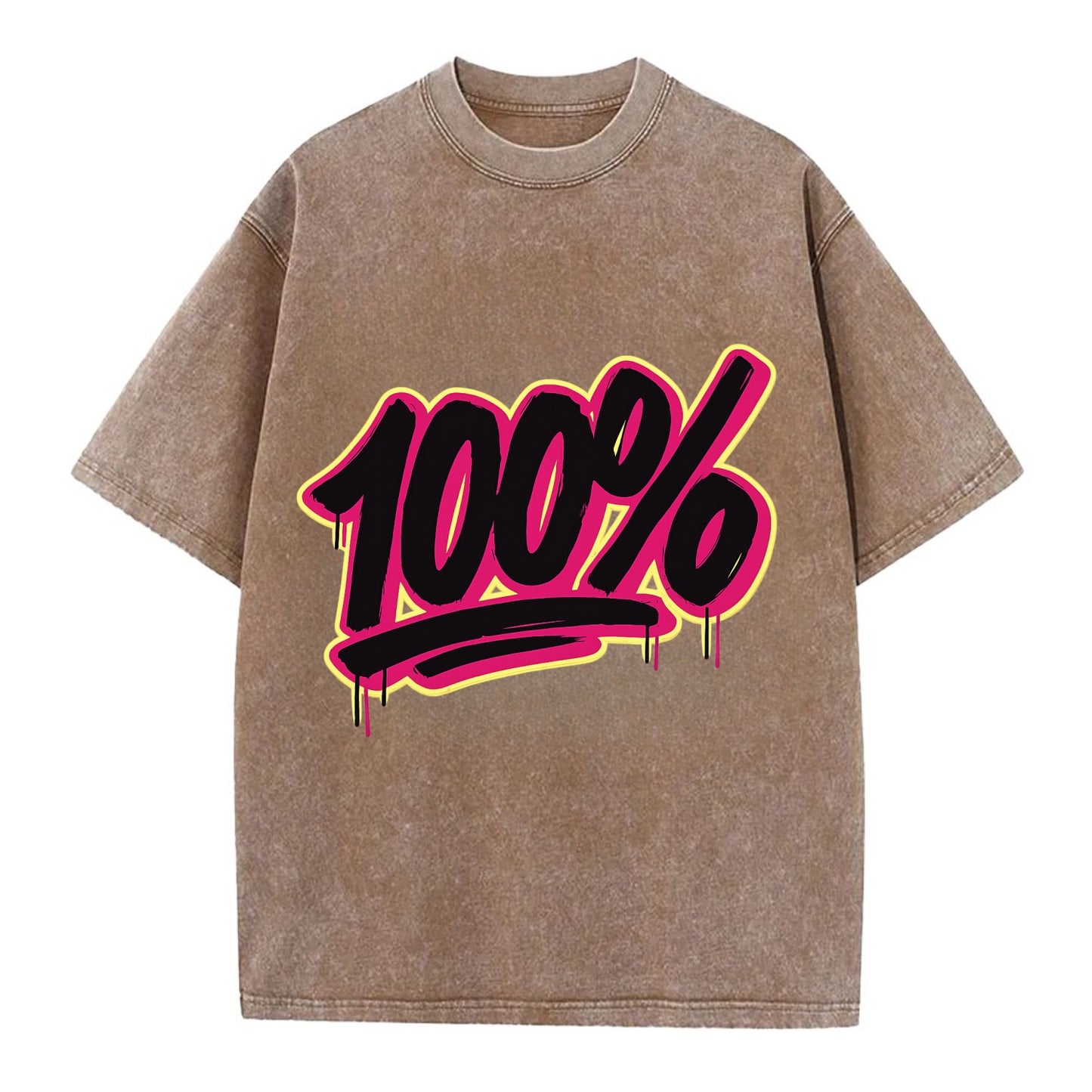 Bold typography design - "100%" - all in, fully committed - Vintage T-shirt - Brown