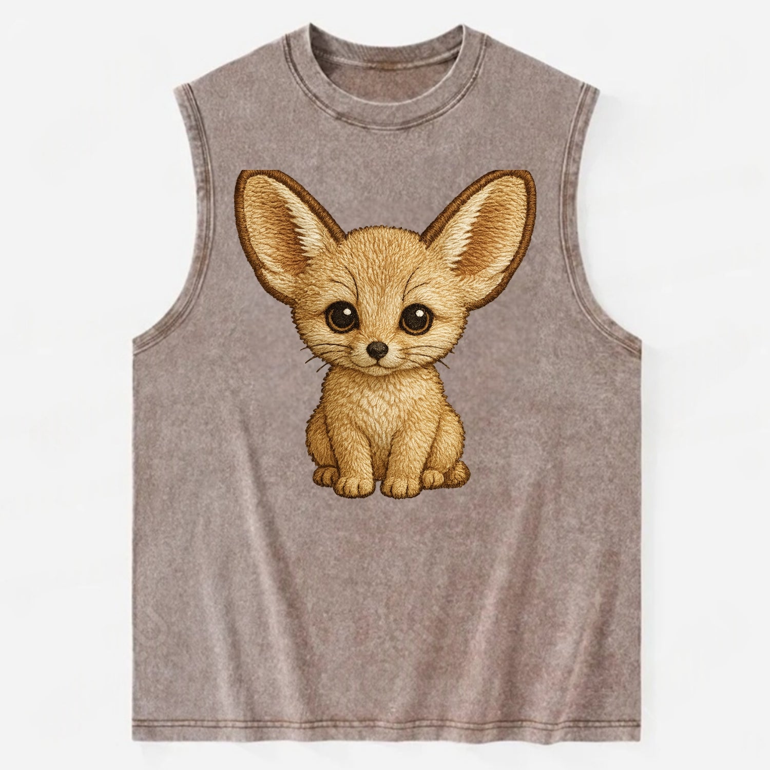 Baby Fennec Fox - huge ears, cream fur, large dark eyes, front-facing, desert - Vintage Washed Tank - Brown