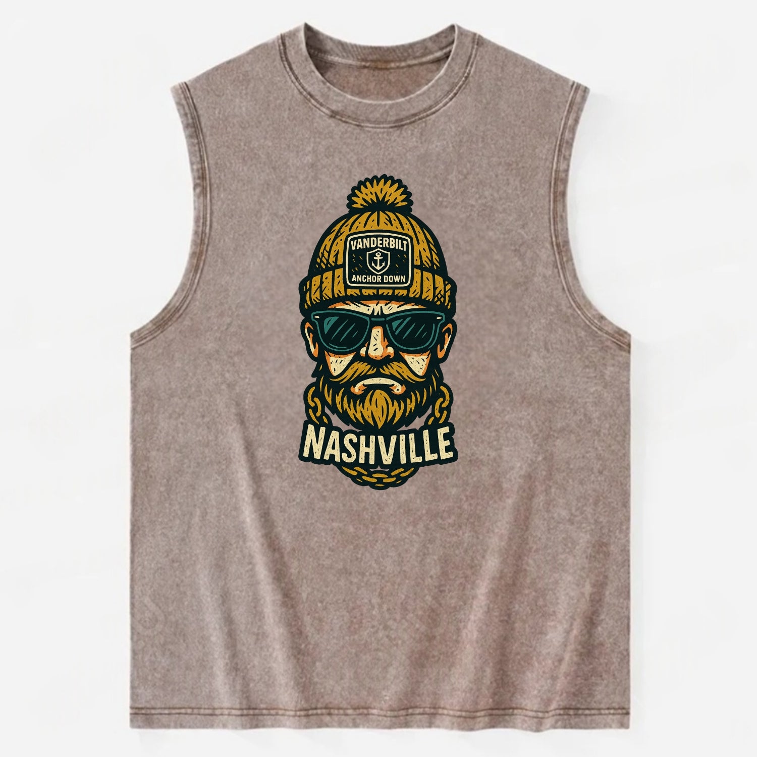 Nashville Commodore wearing Vanderbilt beanie with anchor patch - Vintage Washed Tank - Brown