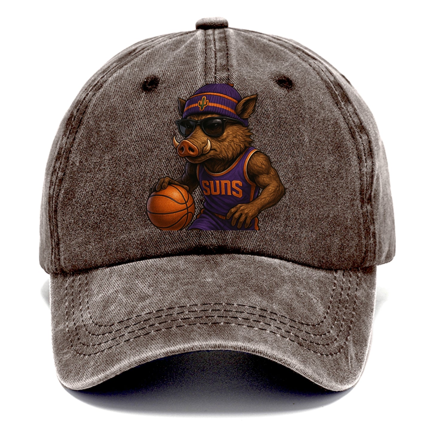 Phoenix Javelina wearing Suns beanie with cactus patch and wayfarer sunglasses - Classic Cap - Brown