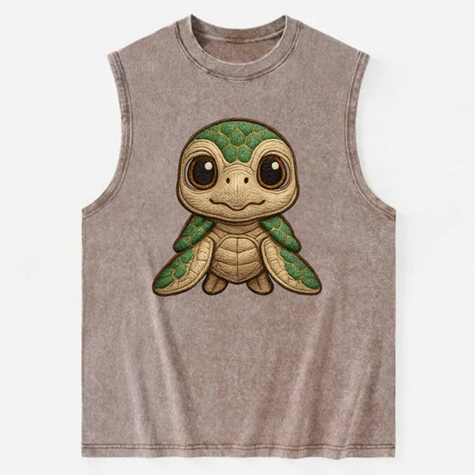 Baby Green Sea Turtle - emerald shell, large innocent brown eyes, tiny - Vintage Washed Tank - Brown