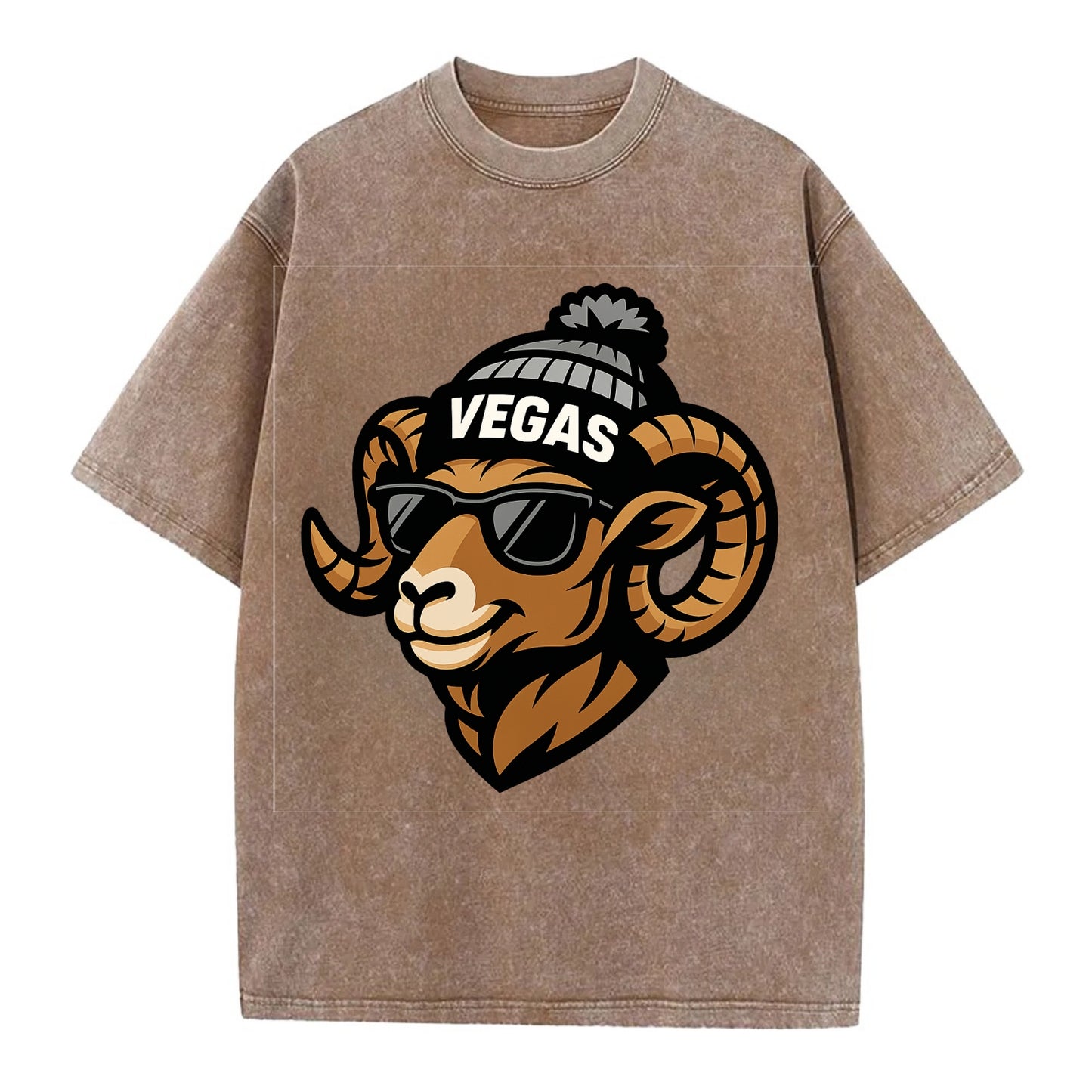 Vegas Desert Bighorn wearing Raiders silver and black beanie with pom pom and - Vintage T-shirt - Brown