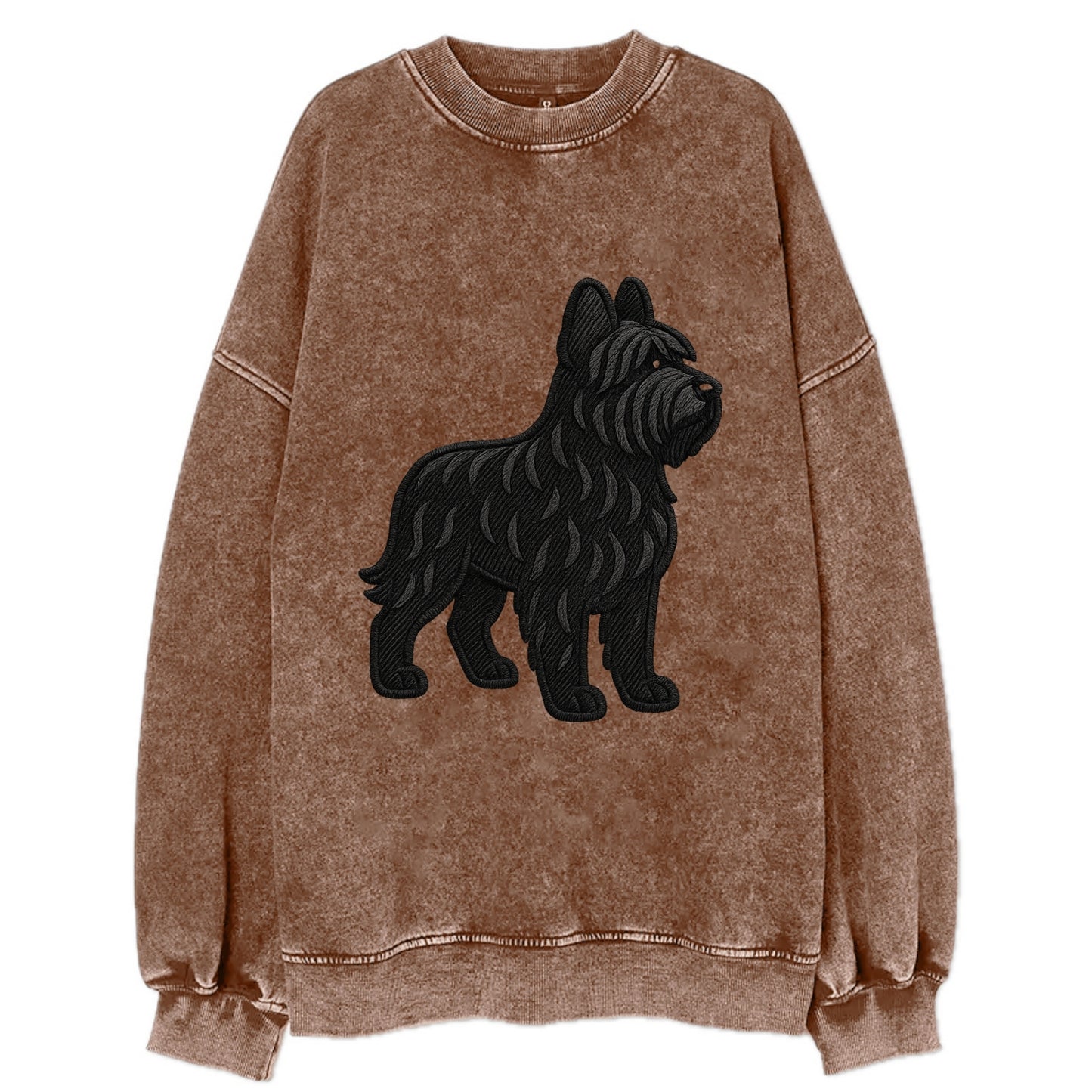 Briard - Black wavy coat embroidered herding pose - Vintage Sweatshirt - Brown