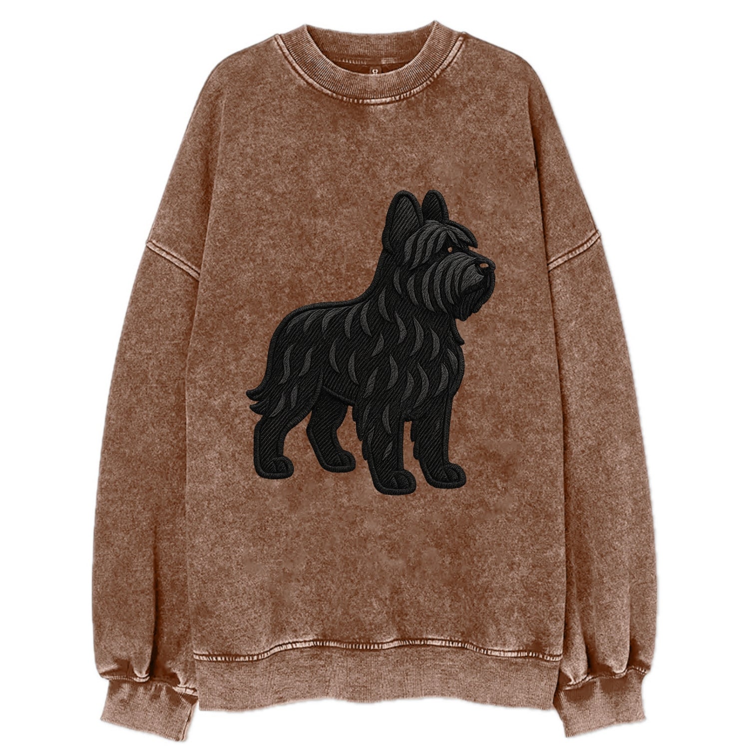 Briard - Black wavy coat embroidered herding pose - Vintage Sweatshirt - Brown