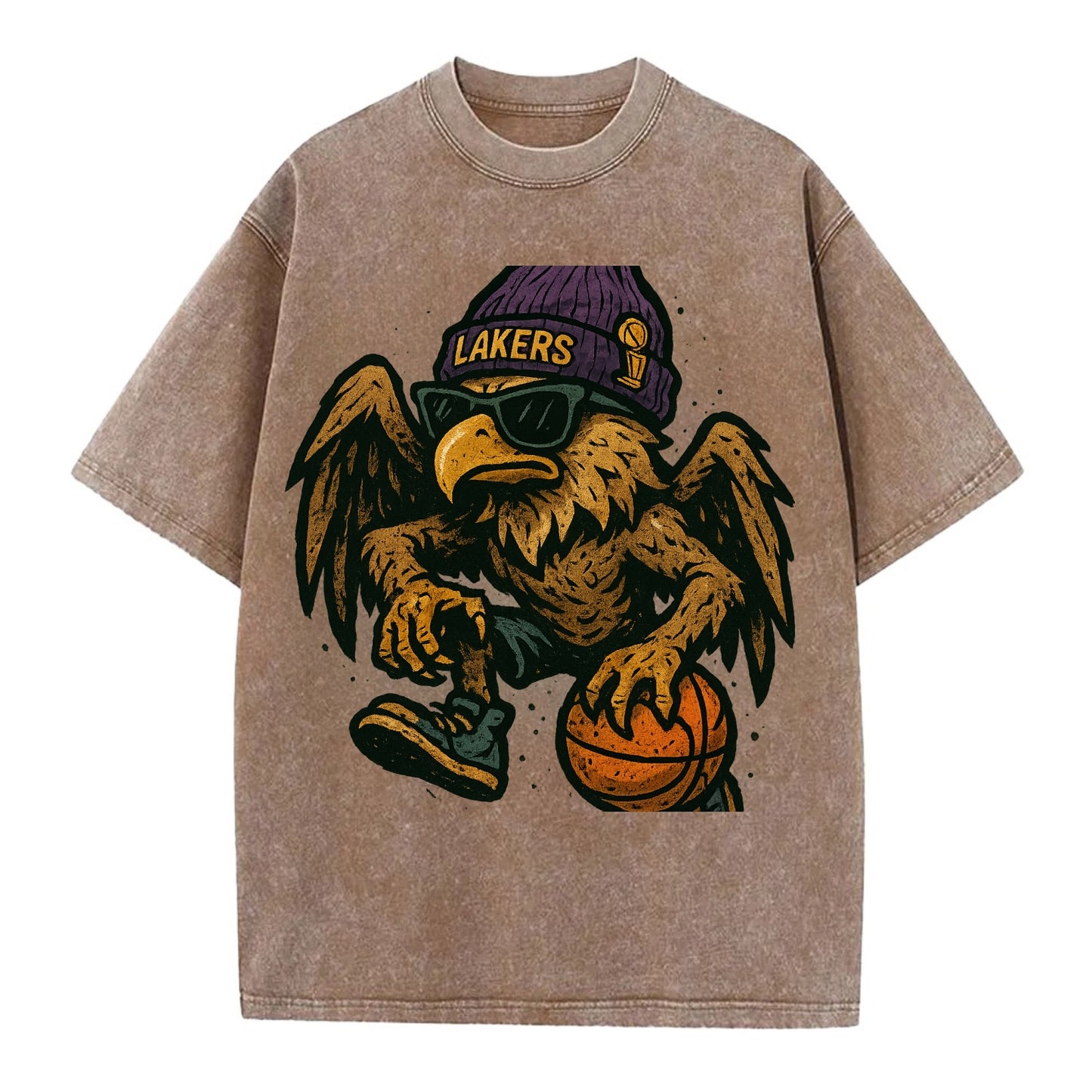Los Angeles Golden Eagle wearing Lakers beanie with trophy patch and wayfarer - Vintage T-shirt - Brown