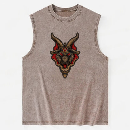 BAPHOMET HEAD - goat head symbol in black and red , occult - Vintage Washed Tank - Brown