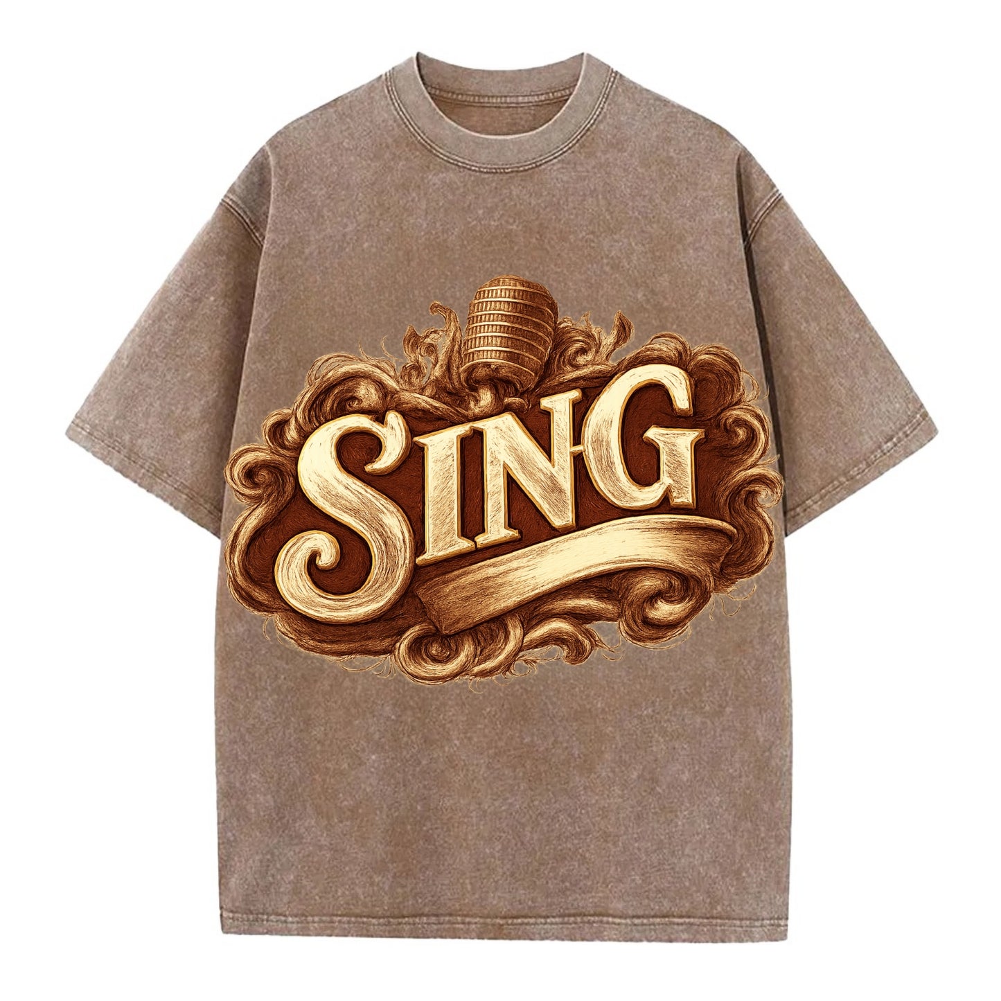 Bold typography design - "SING" - vocal expression, musical soul - Vintage T-shirt - Brown