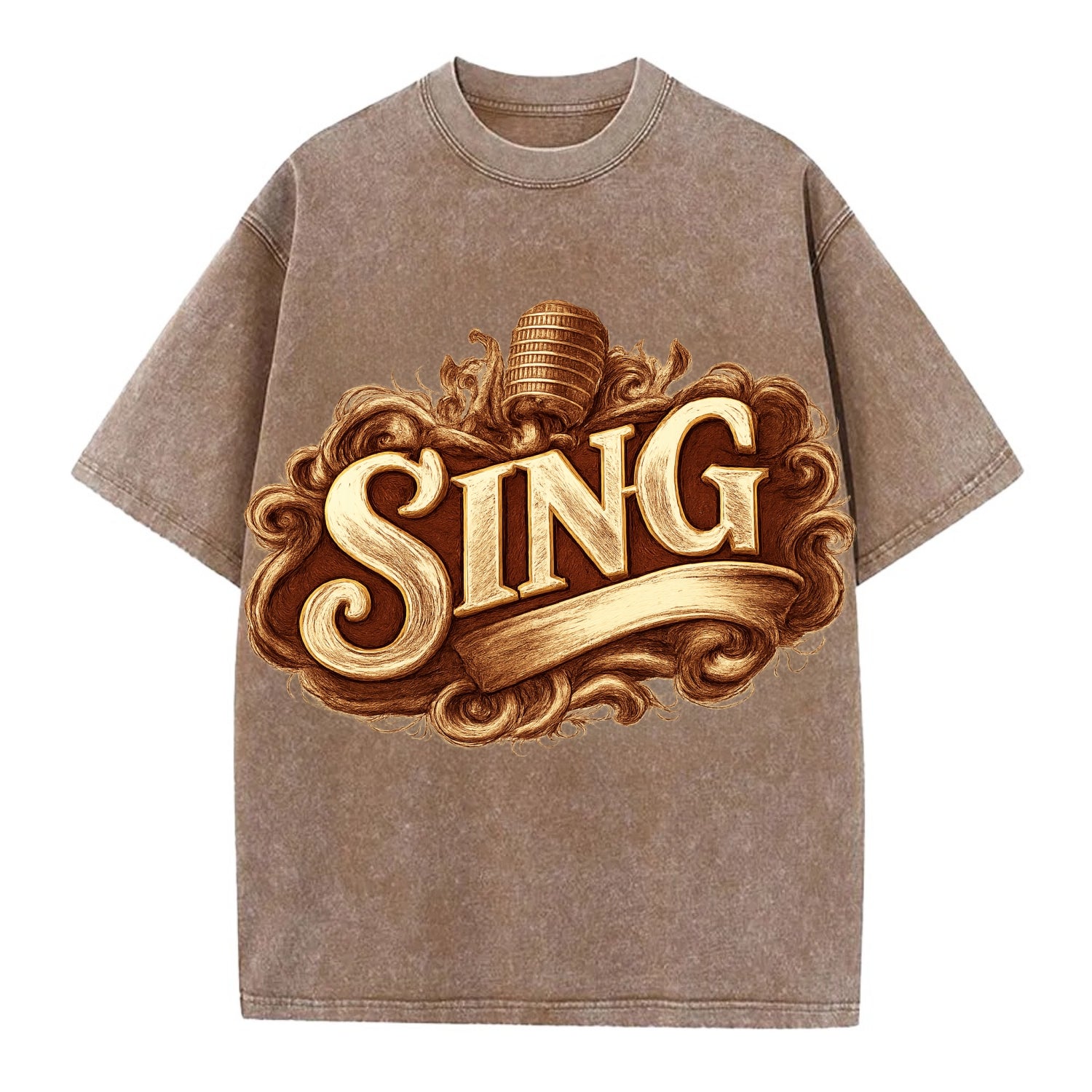 Bold typography design - "SING" - vocal expression, musical soul - Vintage T-shirt - Brown