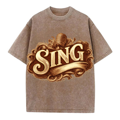 Bold typography design - "SING" - vocal expression, musical soul - Vintage T-shirt - Brown
