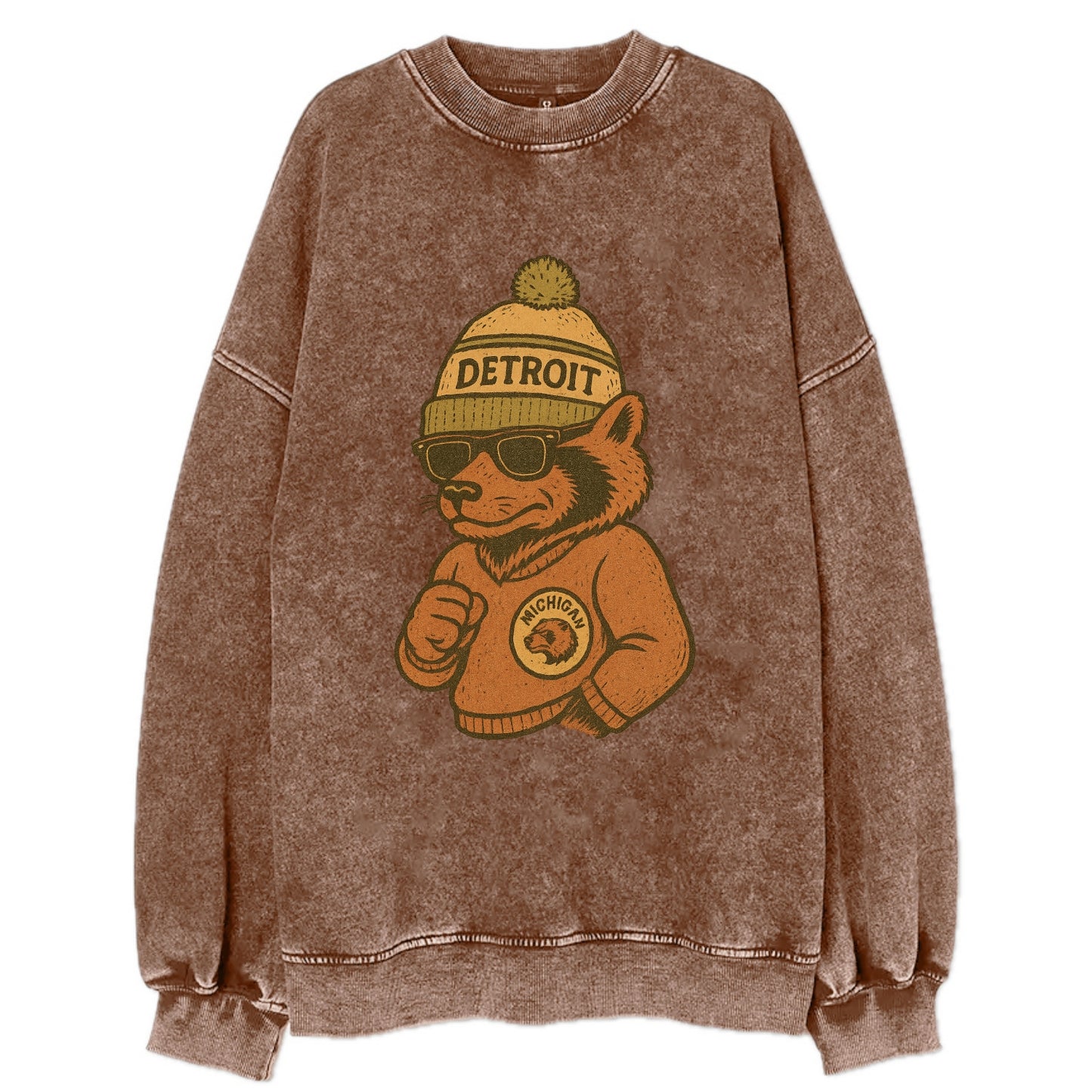 Michigan Wolverine wearing Detroit beanie with pom pom and wayfarer sunglasses - Vintage Sweatshirt - Brown