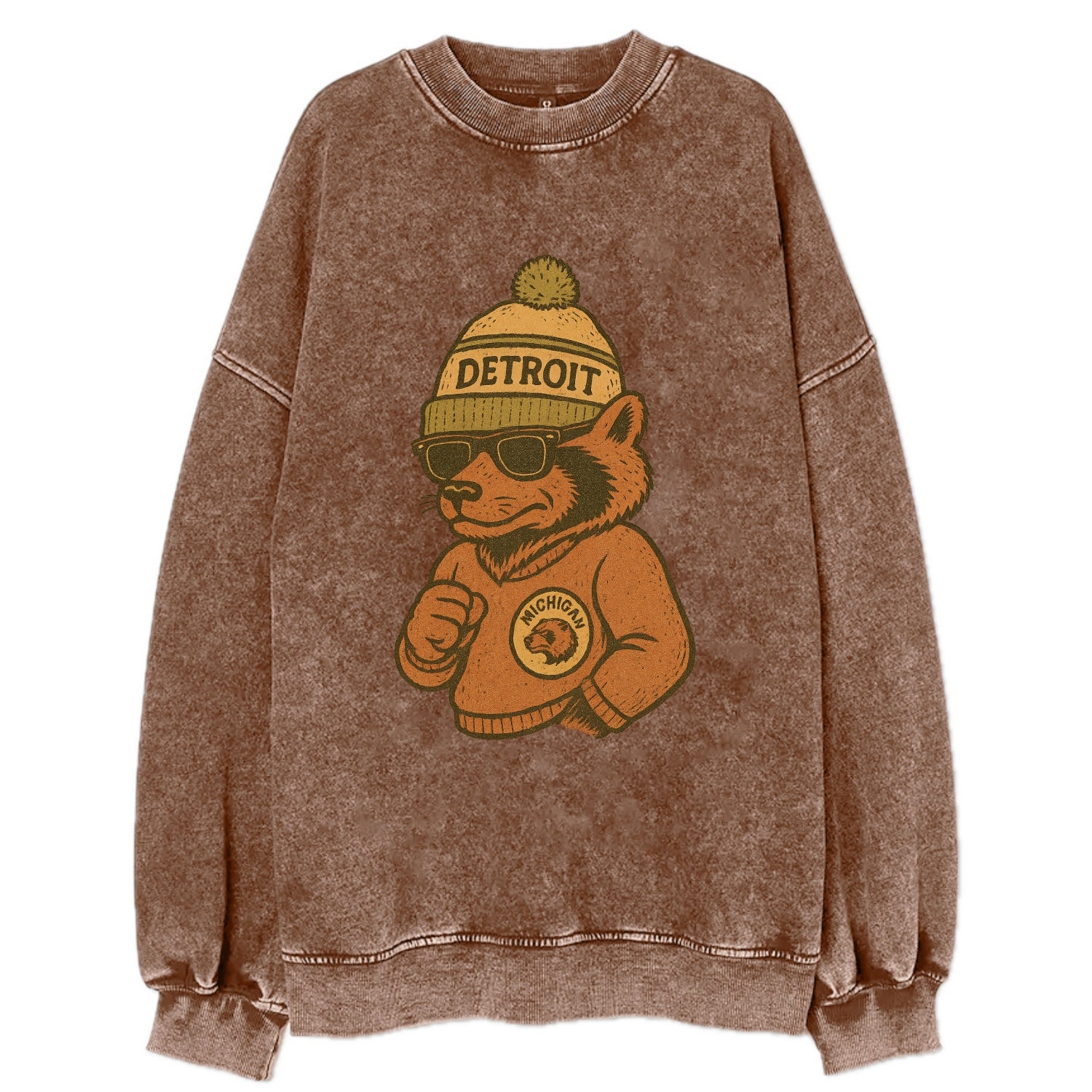 Michigan Wolverine wearing Detroit beanie with pom pom and wayfarer sunglasses - Vintage Sweatshirt - Brown