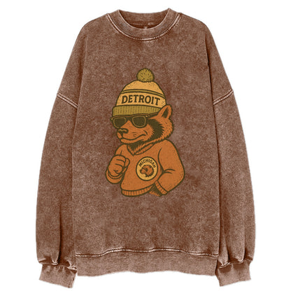 Michigan Wolverine wearing Detroit beanie with pom pom and wayfarer sunglasses - Vintage Sweatshirt - Brown