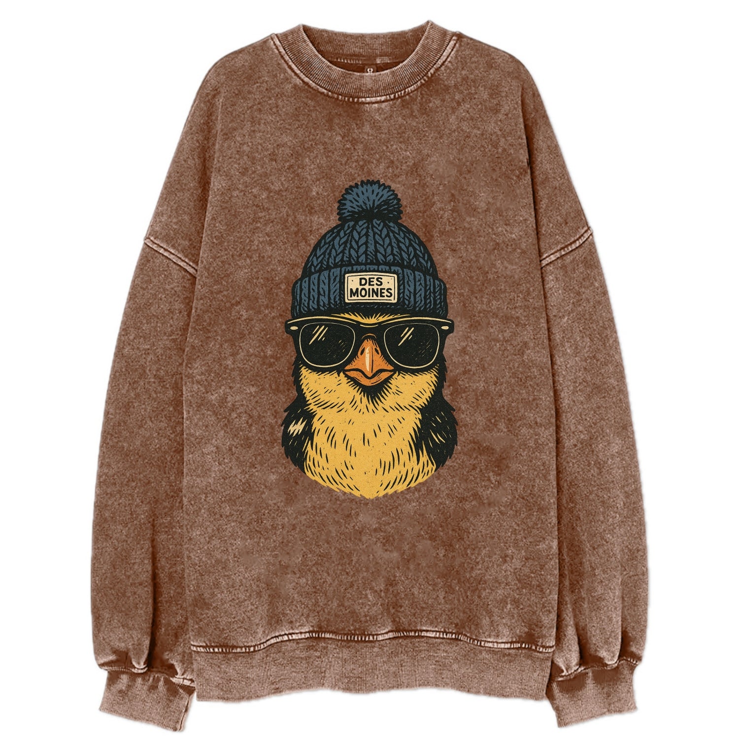 Iowa Goldfinch wearing Des Moines beanie with pom pom and wayfarer sunglasses - Vintage Sweatshirt - Brown