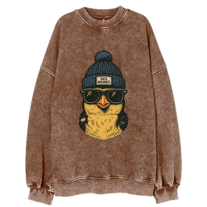 Iowa Goldfinch wearing Des Moines beanie with pom pom and wayfarer sunglasses - Vintage Sweatshirt - Brown