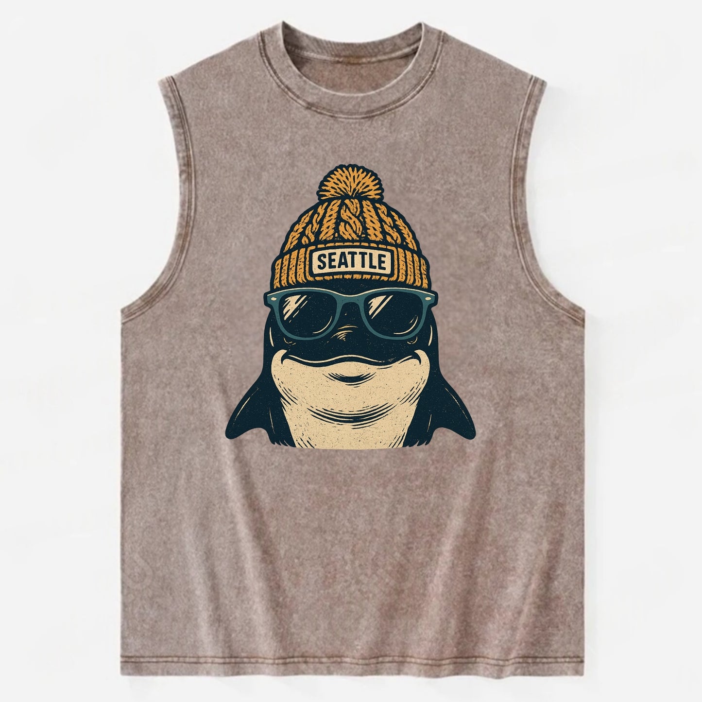 Seattle Orca wearing Seattle beanie with pom pom and wayfarer sunglasses - Vintage Washed Tank - Brown