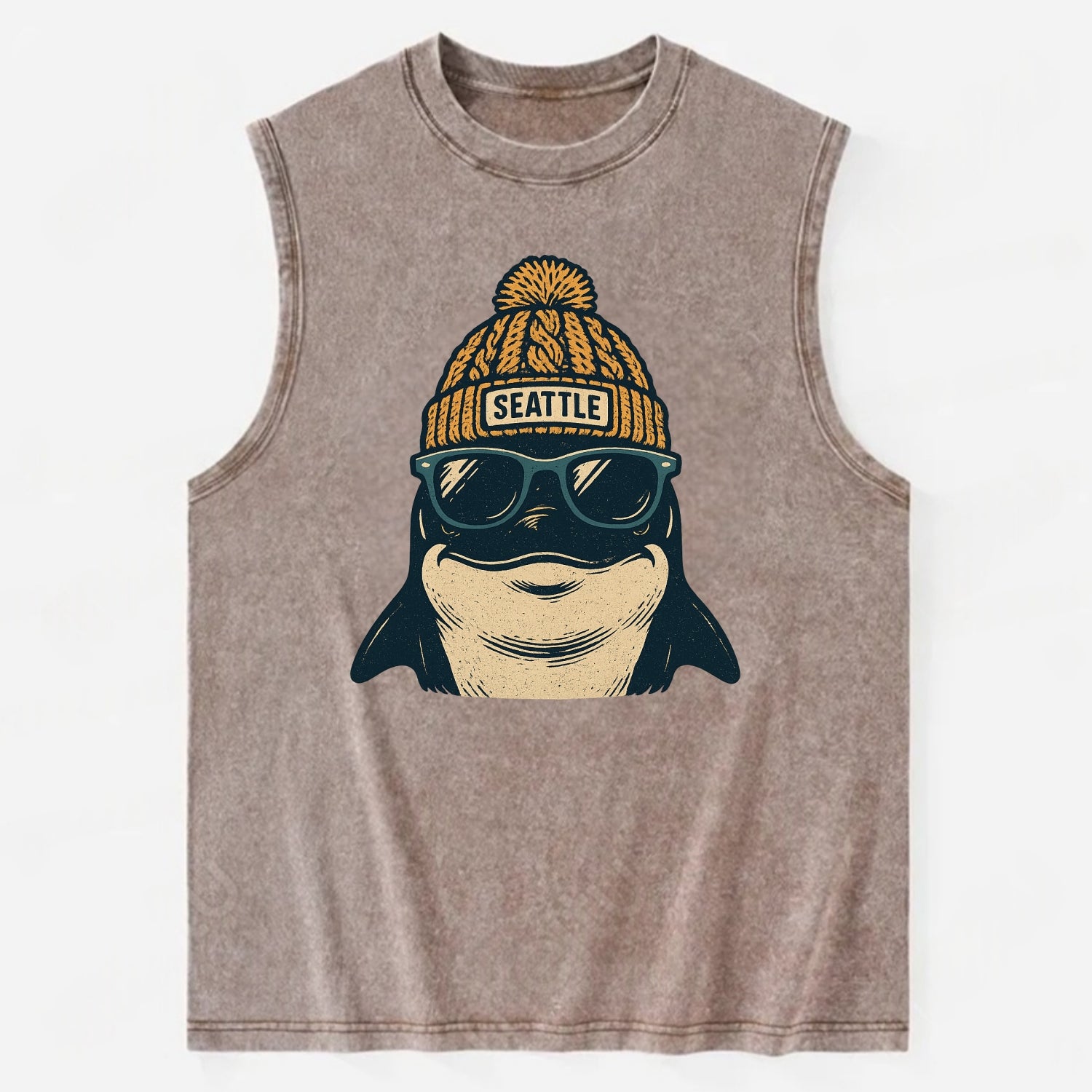 Seattle Orca wearing Seattle beanie with pom pom and wayfarer sunglasses - Vintage Washed Tank - Brown