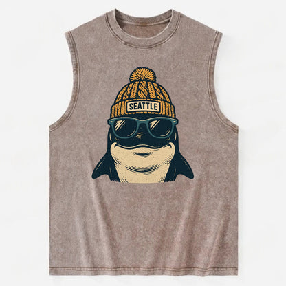 Seattle Orca wearing Seattle beanie with pom pom and wayfarer sunglasses - Vintage Washed Tank - Brown