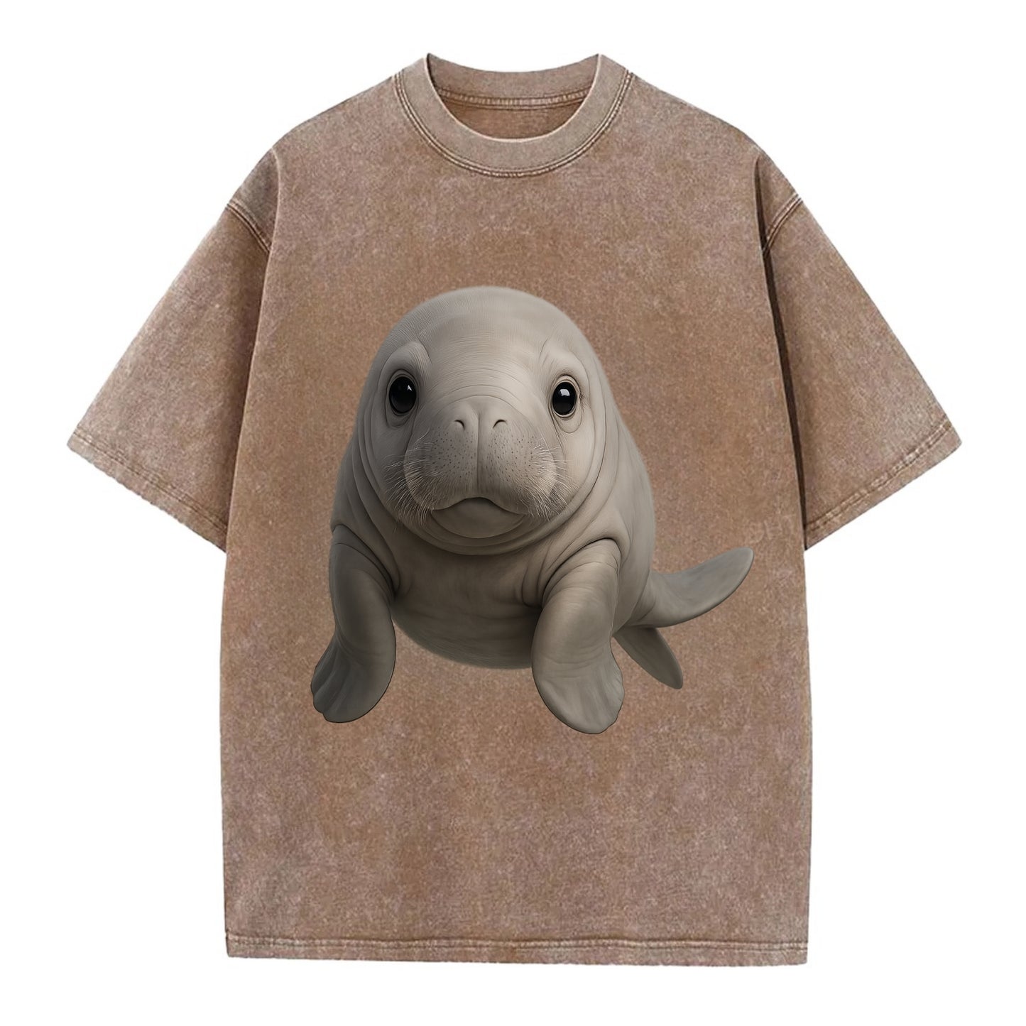 Baby Dugong - gray with paddle tail, gentle expression, whiskers, front-facing, - Vintage T-shirt - Brown