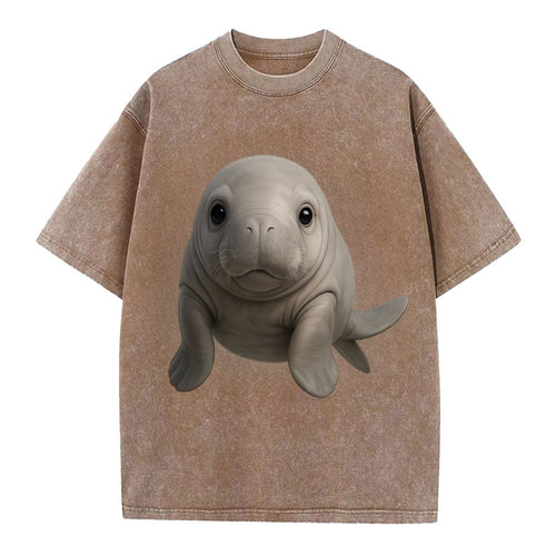 Baby Dugong - gray with paddle tail, gentle expression, whiskers, front-facing, - Vintage T-shirt