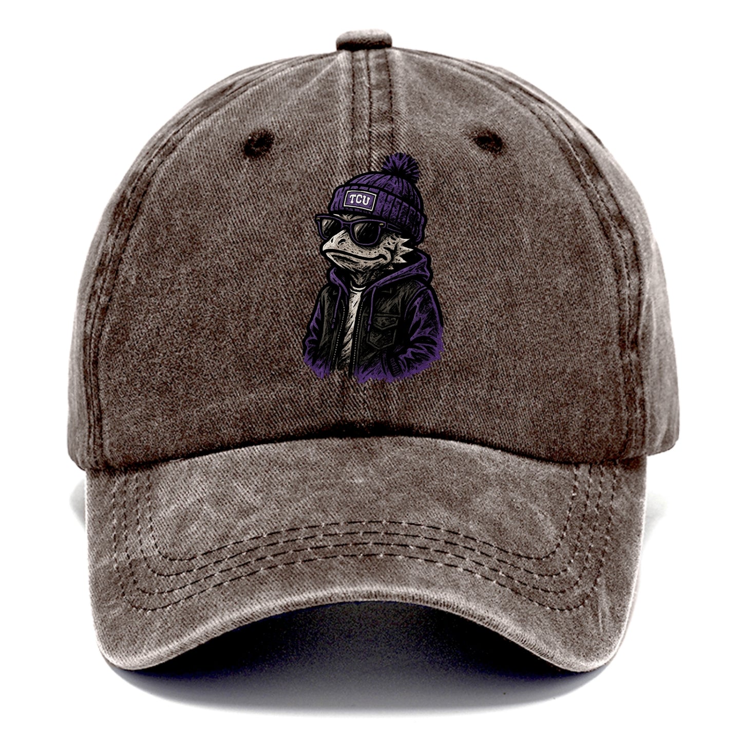 Fort Worth Frog wearing TCU beanie with horned patch - Classic Cap - Brown