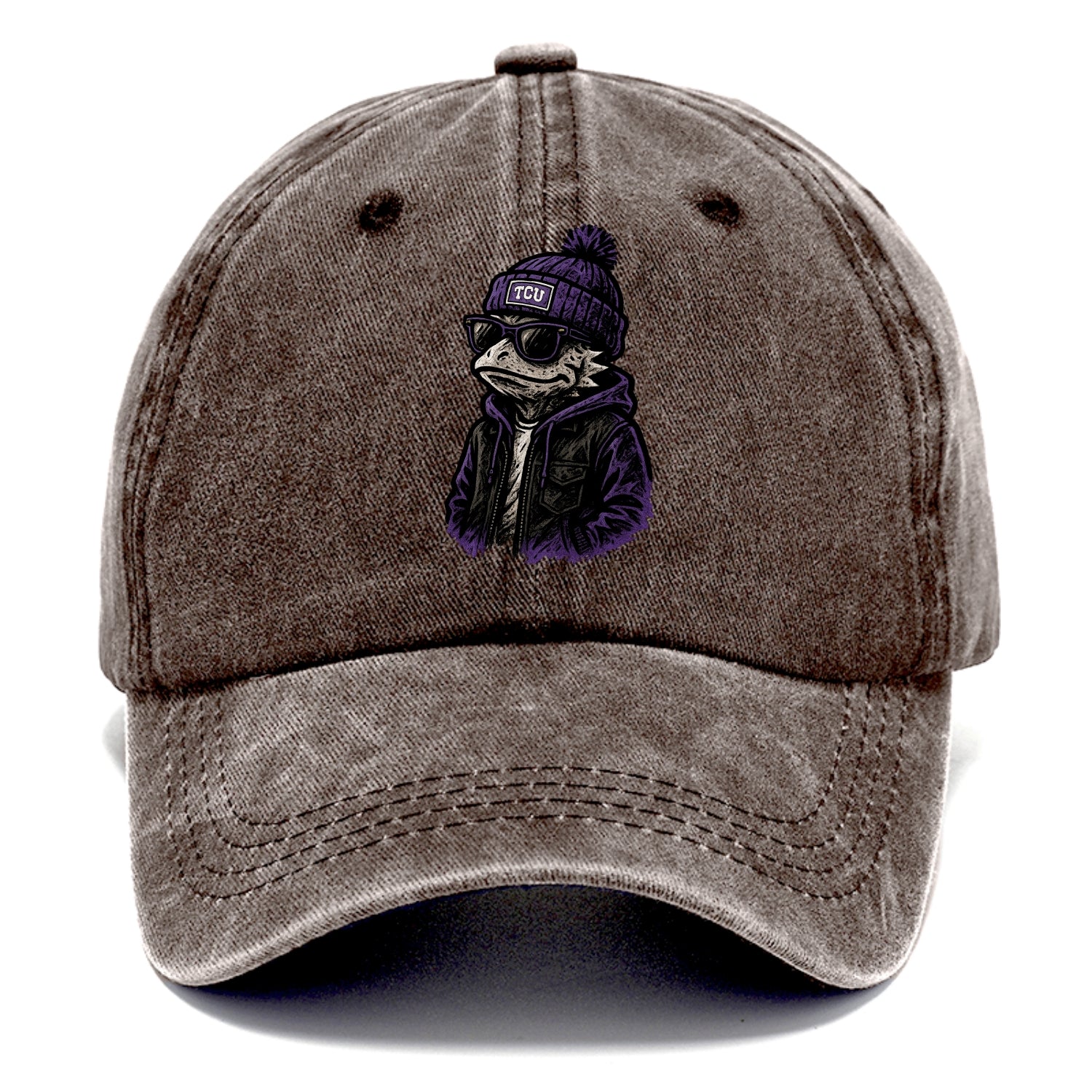 Fort Worth Frog wearing TCU beanie with horned patch - Classic Cap - Brown
