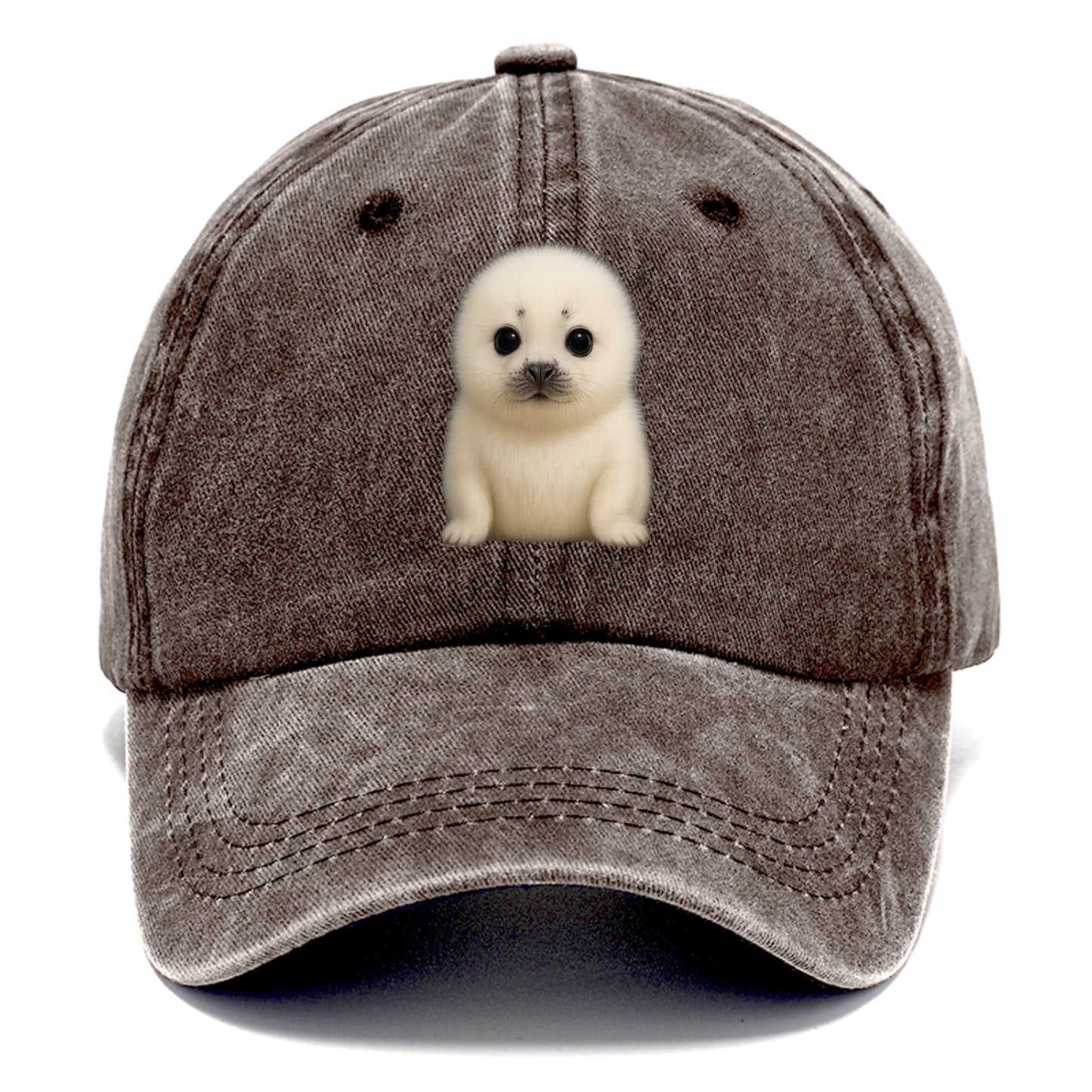 Baby Harp Seal - pure white fluffy fur, enormous dark eyes, front-facing, iconic cute - Classic Cap - Brown