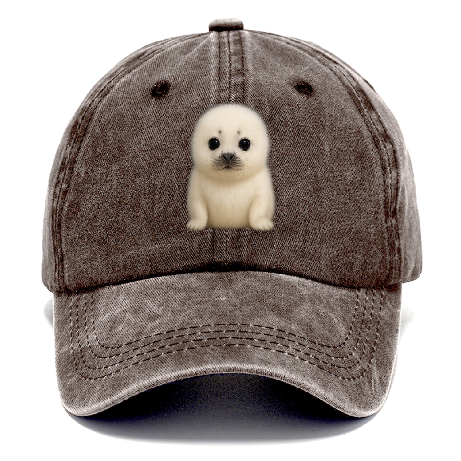 Baby Harp Seal - pure white fluffy fur, enormous dark eyes, front-facing, iconic cute - Classic Cap - Brown