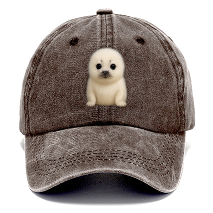 Baby Harp Seal - pure white fluffy fur, enormous dark eyes, front-facing, iconic cute - Classic Cap - Brown