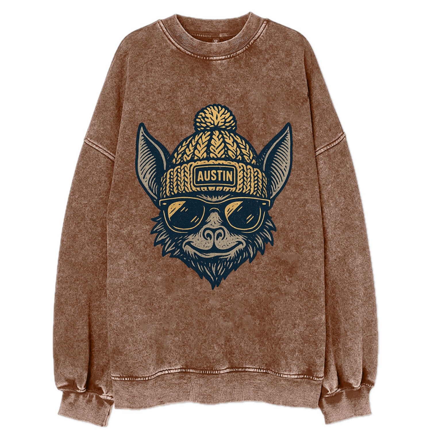 Austin Bat wearing Austin beanie with pom pom and wayfarer sunglasses - Vintage Sweatshirt - Brown