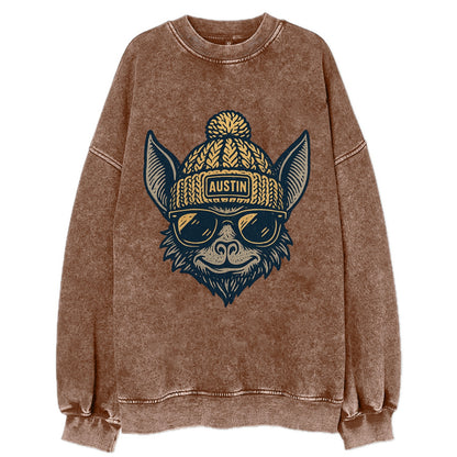 Austin Bat wearing Austin beanie with pom pom and wayfarer sunglasses - Vintage Sweatshirt - Brown