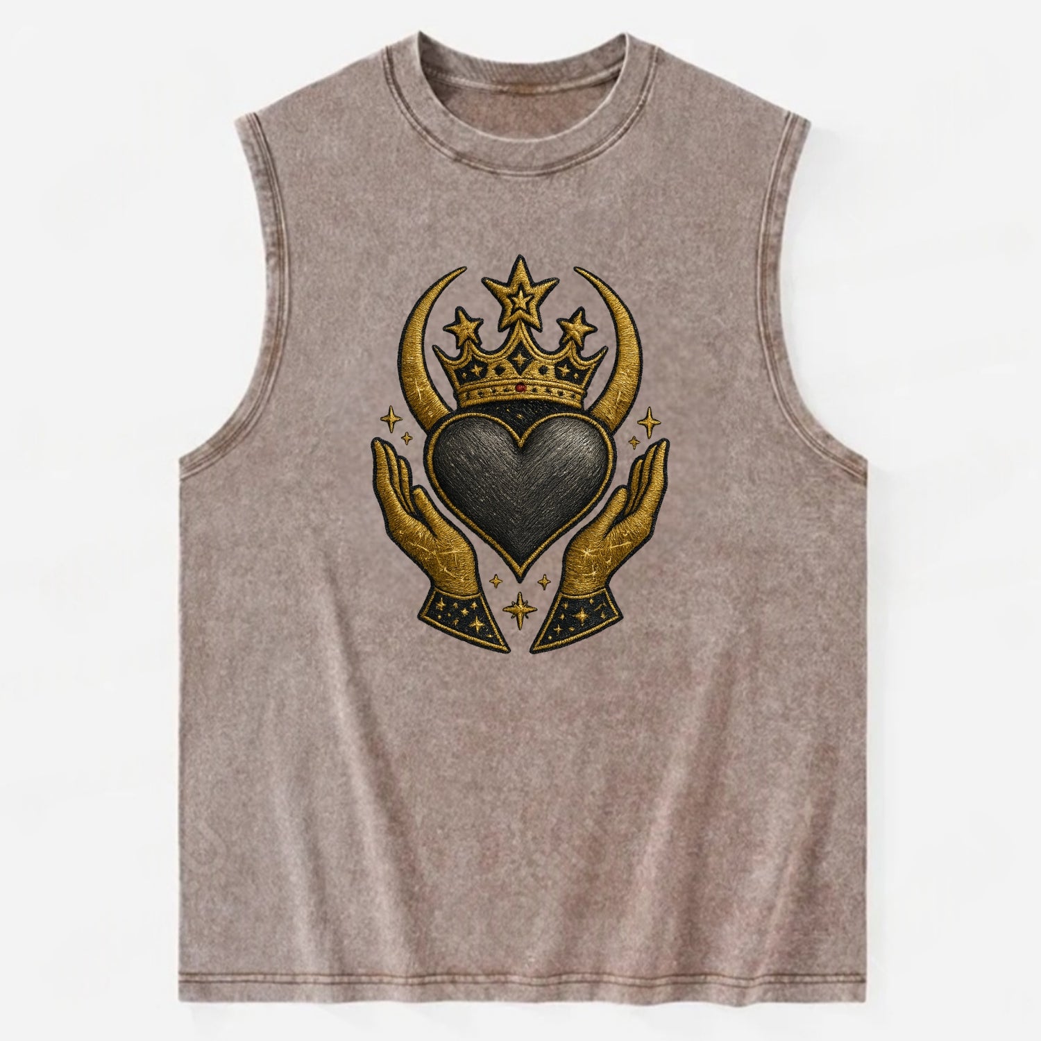 Celtic knot crown with woven strands merging into copper hands shielding a - Vintage Washed Tank - Brown