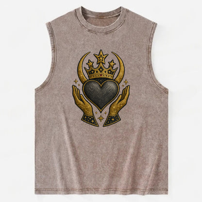 Celtic knot crown with woven strands merging into copper hands shielding a - Vintage Washed Tank - Brown