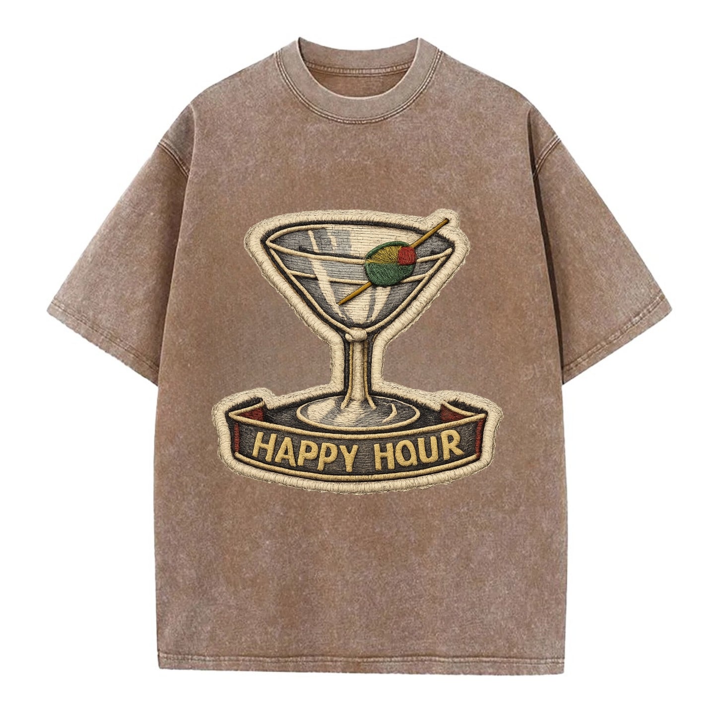COCKTAIL MARTINI - martini glass with olive in silver and green , happy hour - Vintage T-shirt - Brown