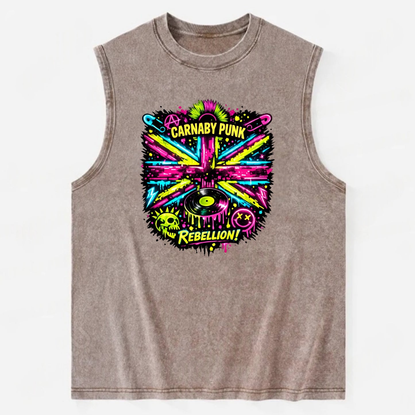 CARNABY PUNK | Swinging 60s meets 70s punk | Psychedelic Union Jack pattern | - Vintage Washed Tank - Brown