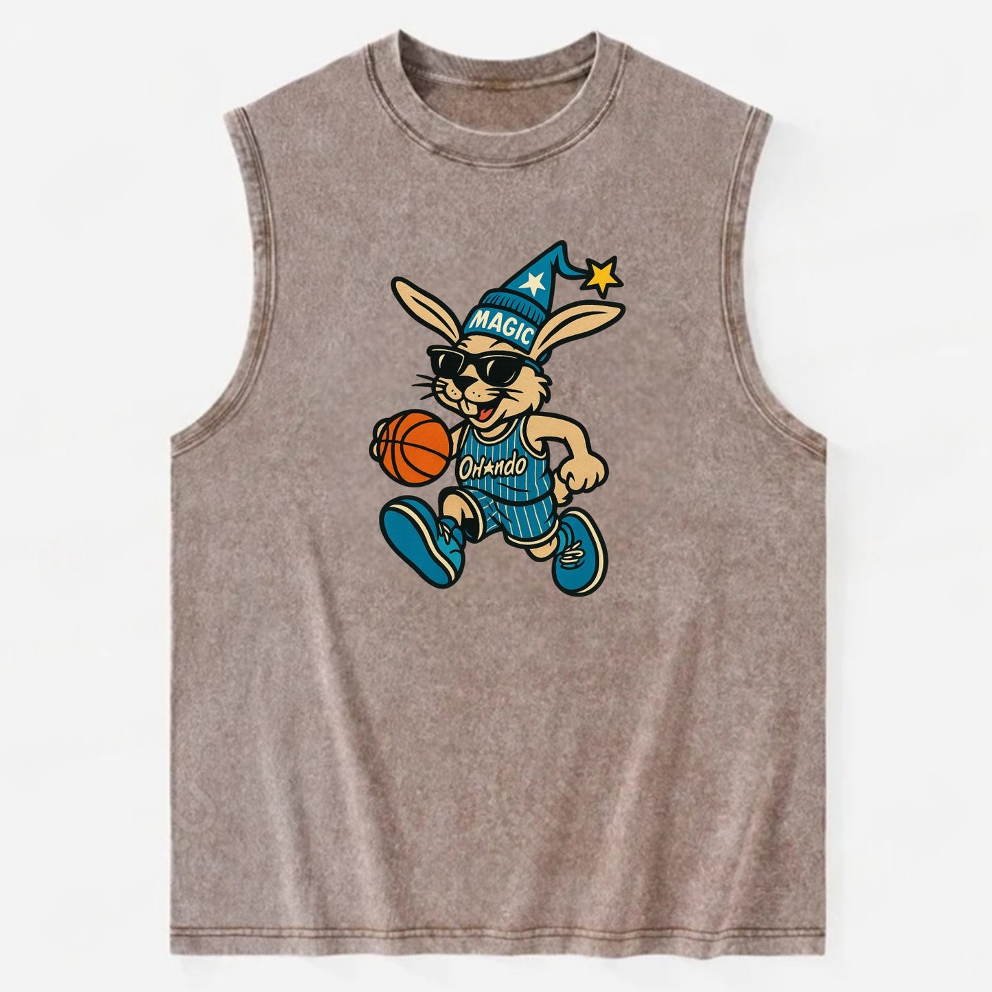 Orlando Rabbit wearing Magic blue and silver beanie with wizard hat and - Vintage Washed Tank - Brown