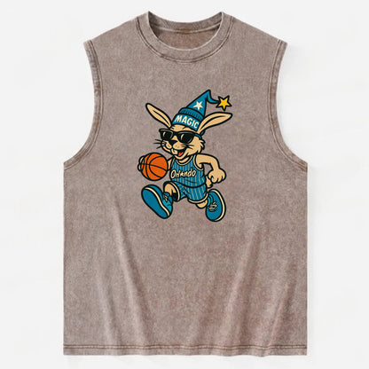 Orlando Rabbit wearing Magic blue and silver beanie with wizard hat and - Vintage Washed Tank - Brown