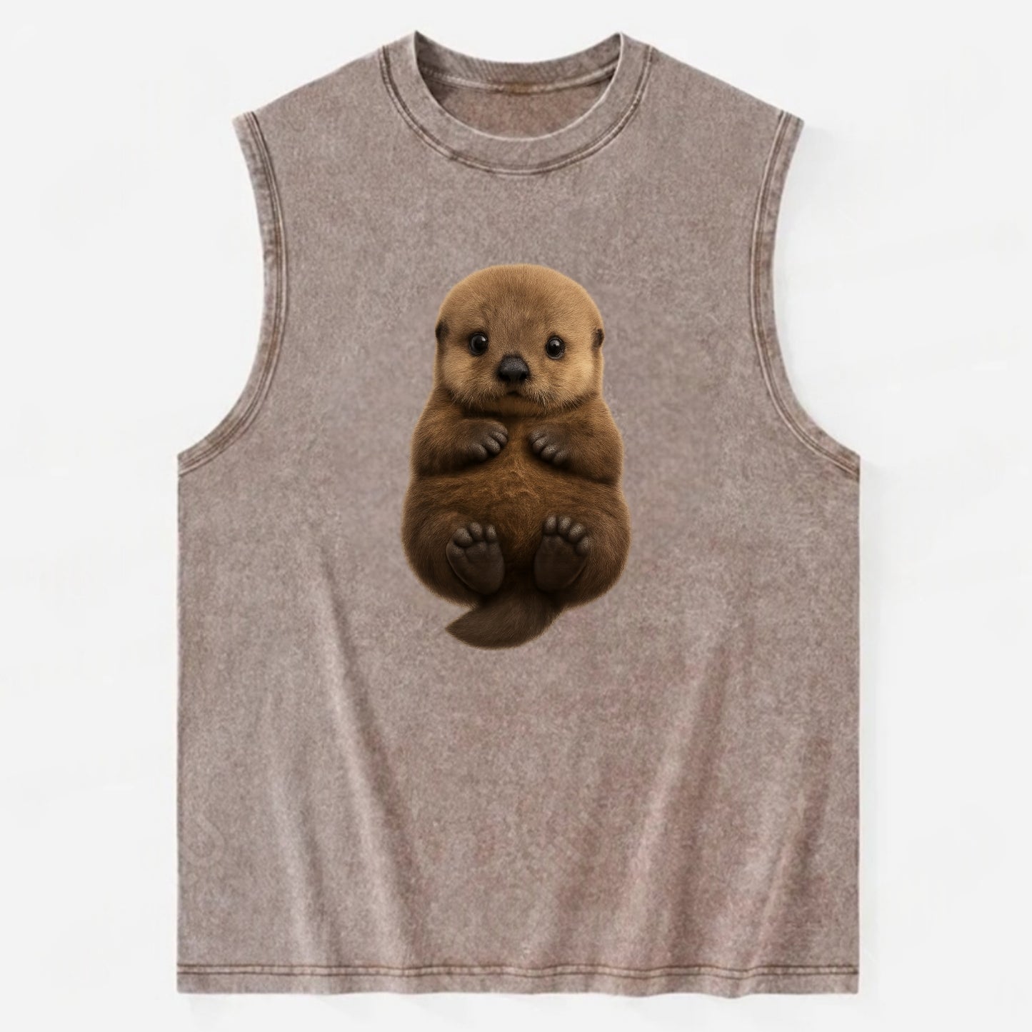 Baby Sea Otter - brown fluffy, floating on back, tiny paws, bright eyes, - Vintage Washed Tank - Brown