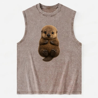 Baby Sea Otter - brown fluffy, floating on back, tiny paws, bright eyes, - Vintage Washed Tank - Brown