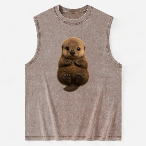 Baby Sea Otter - brown fluffy, floating on back, tiny paws, bright eyes, - Vintage Washed Tank