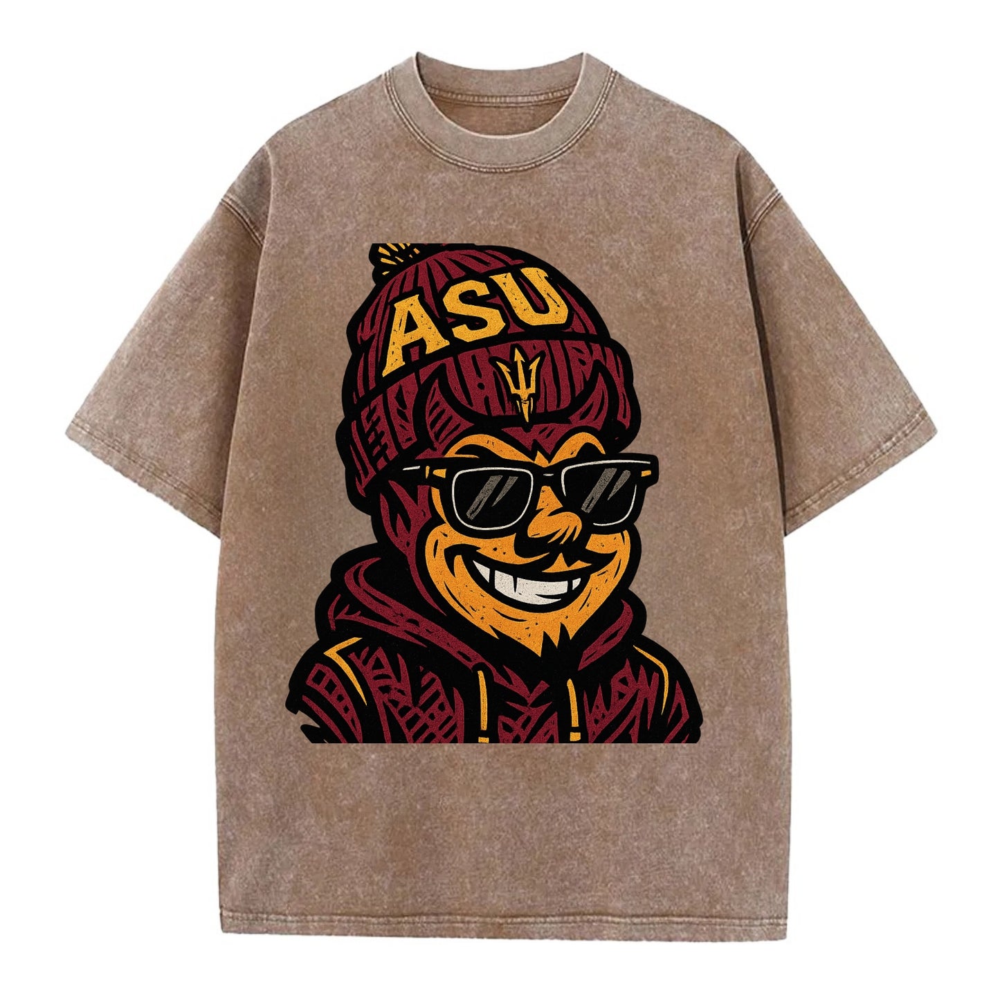 Tempe Sparky wearing Arizona State beanie with fork patch - Vintage T-shirt - Brown