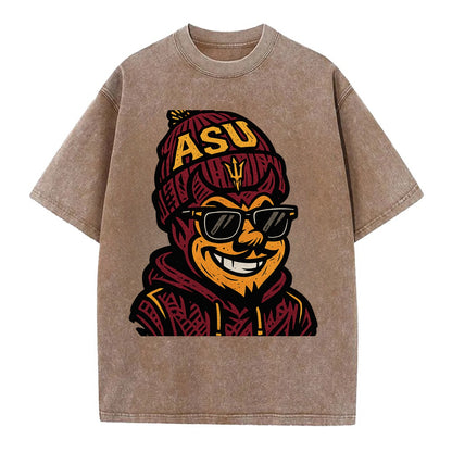 Tempe Sparky wearing Arizona State beanie with fork patch - Vintage T-shirt - Brown