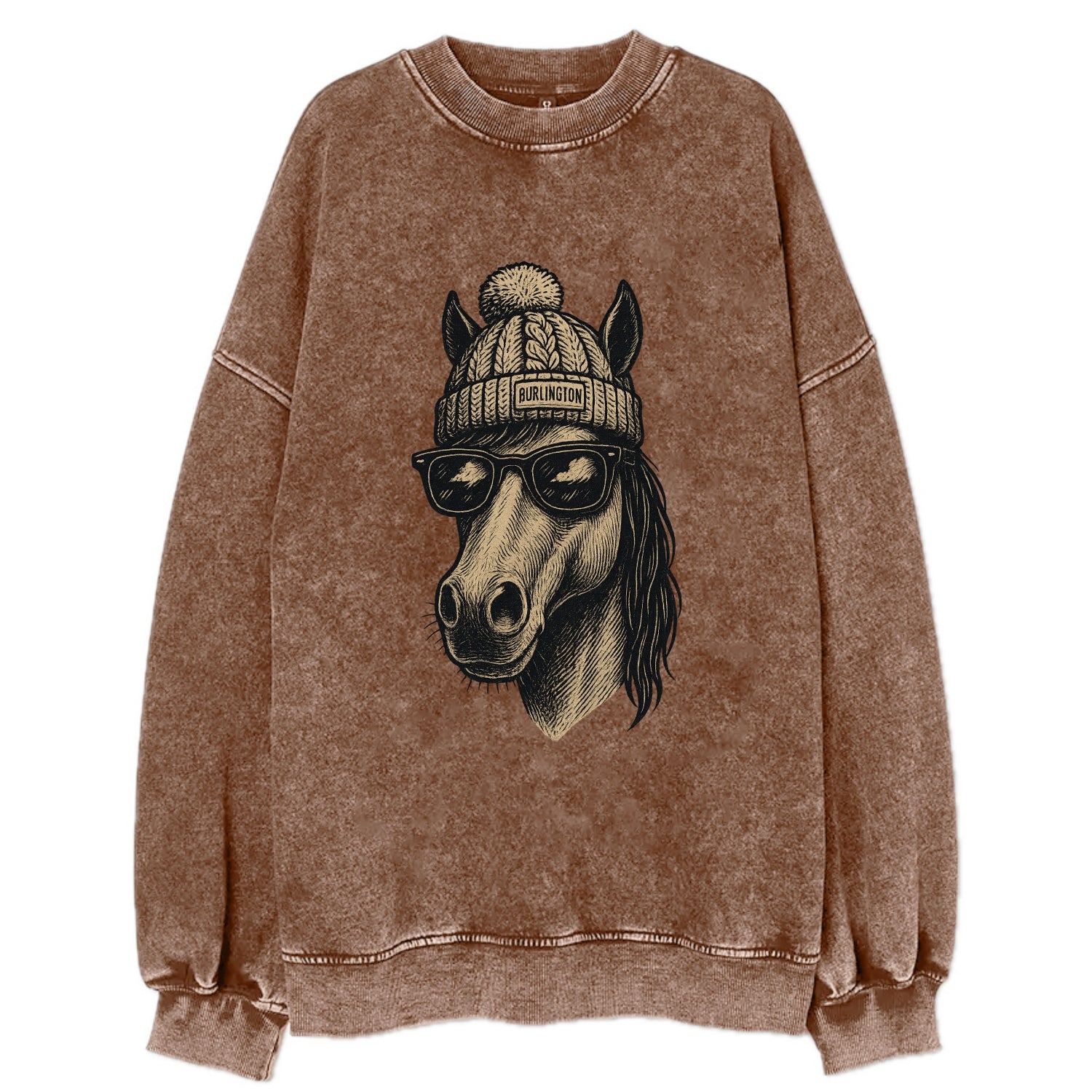 Vermont Morgan Horse wearing Burlington beanie with pom pom and wayfarer - Vintage Sweatshirt - Brown