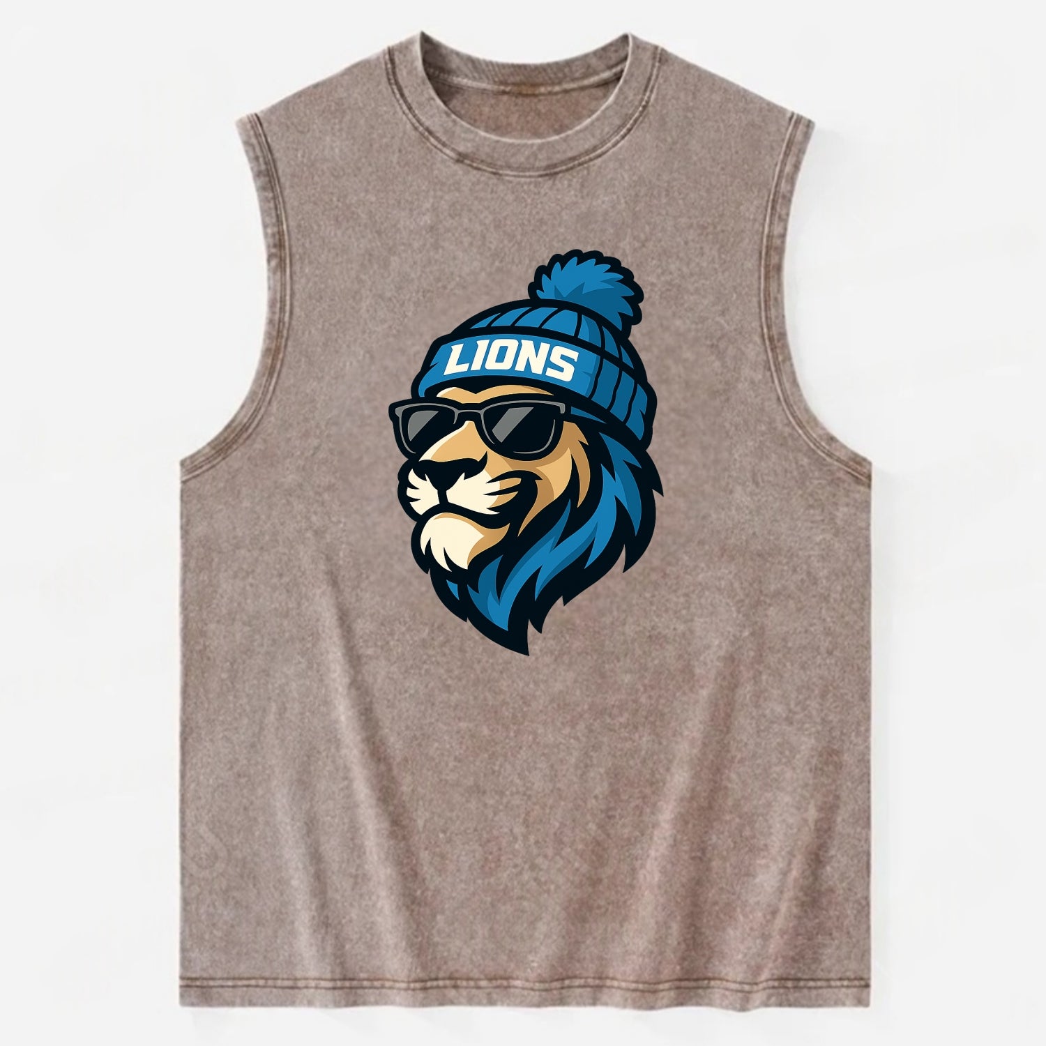 Detroit Lion wearing Lions Honolulu blue and silver beanie with pom pom and - Vintage Washed Tank - Brown
