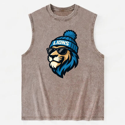 Detroit Lion wearing Lions Honolulu blue and silver beanie with pom pom and - Vintage Washed Tank - Brown